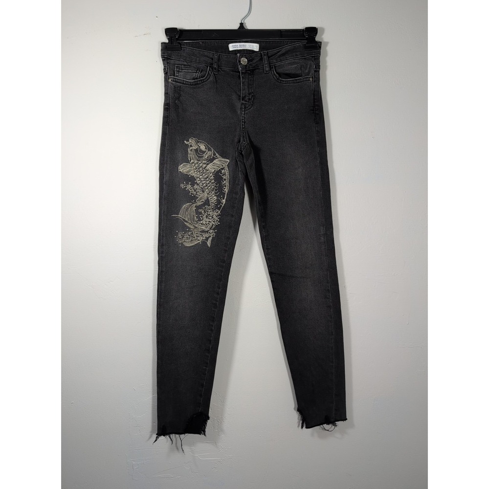 Zara‎ Basic Denim Koi Fish Embroidered in Black Jeans Woman's Size 4